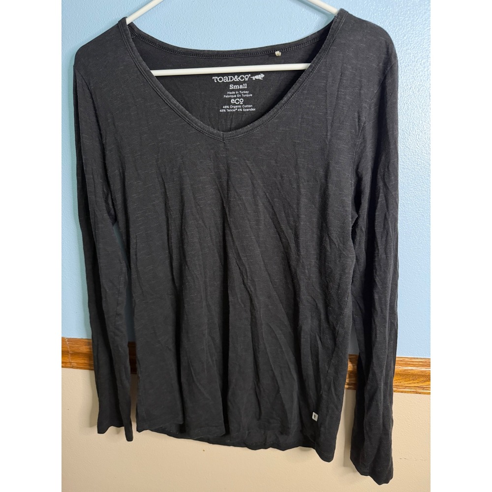 Toad&Co Womens Black V-Neck Long Sleeve Eco Organic Cotton Tencel Slub Tee S